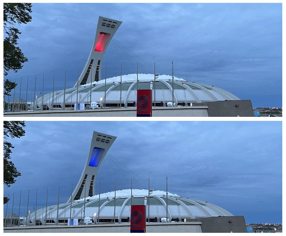 Montreal Olympic Park lit up in Red & Blue for pulmonary fibrosis awareness