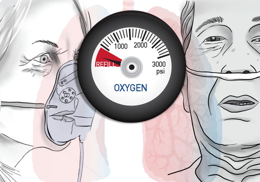 Woman with oxygen, man with cannula and oxygen tank meter