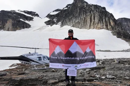 As a gift for his 70th birthday, Dave’s oldest daughter arranged for him to take a helicopter ride to the top of Mount Begbie, near Revelstoke B.C. The mountain was the inspiration for a series of hikes Dave did to raise funds for PF. 
