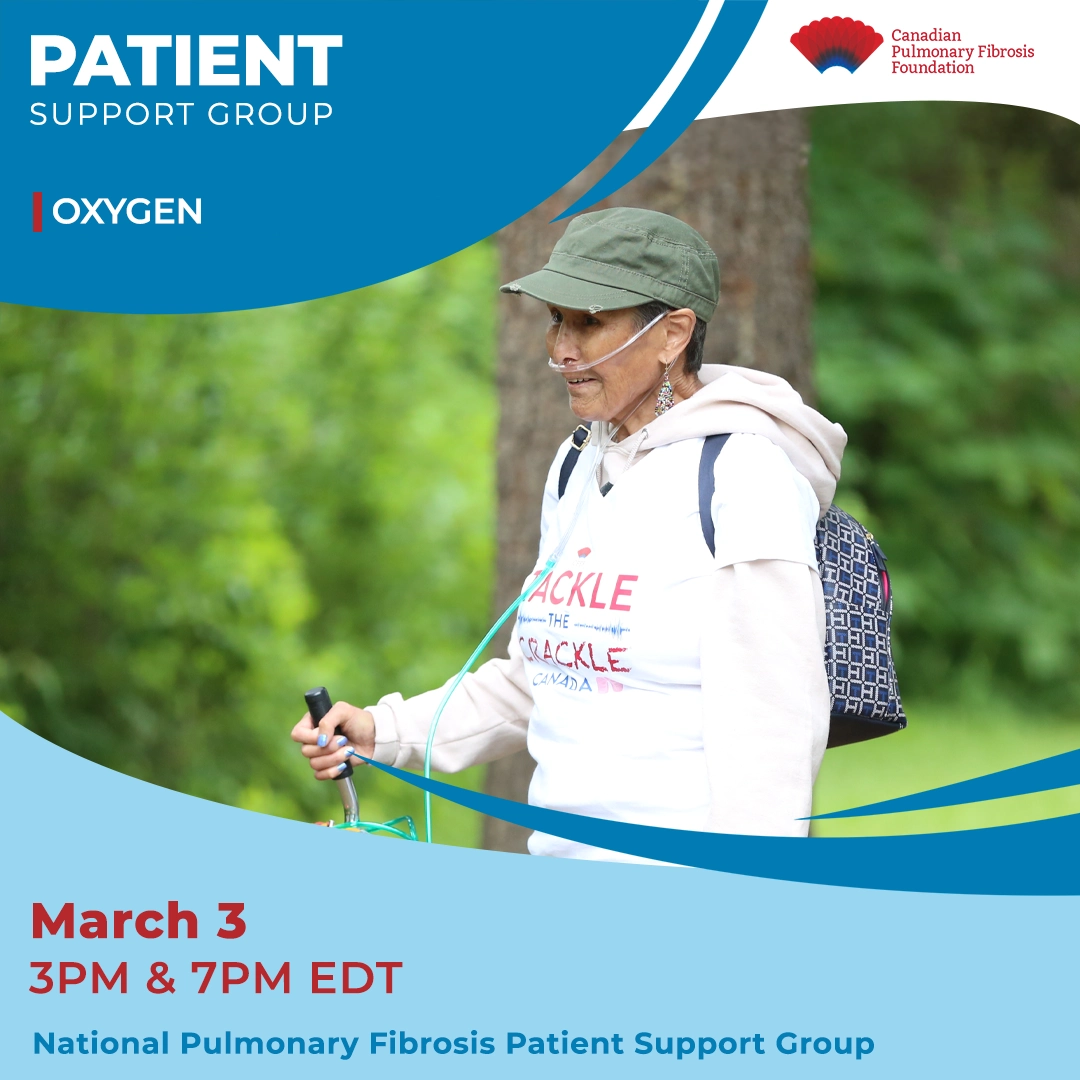 Pulmonary fibrosis patient walks with oxygen tank.
