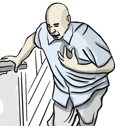 A man having trouble walking up the stairs and experiencing shortness of breath