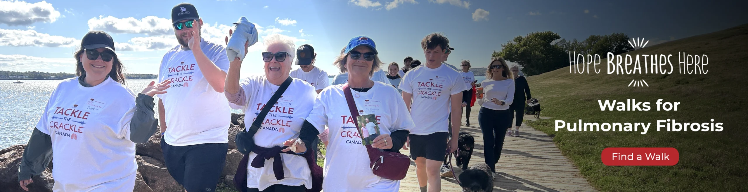 A group of supporters walk along the waterfront to raise funds and awareness for pulmonary fibrosis. 